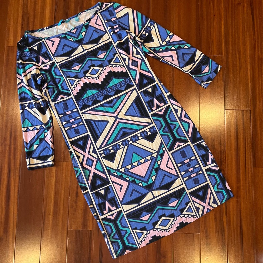 Tori Richard Honolulu Dress Blue Geometric Tribal Print 3/4 Sleeve Shift Small